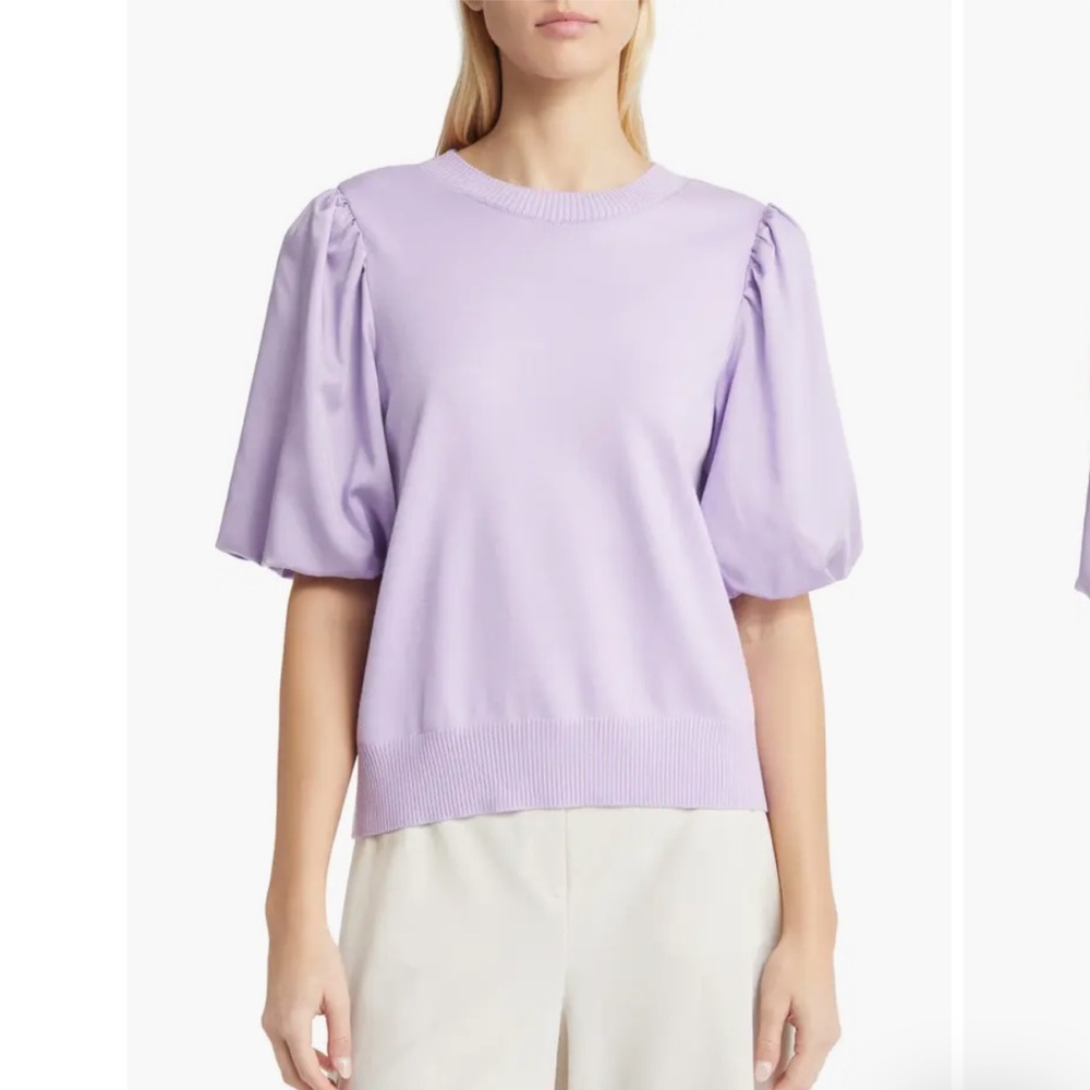 Misook Mixed Media Puff Sleeve Sweater Purple Sz S